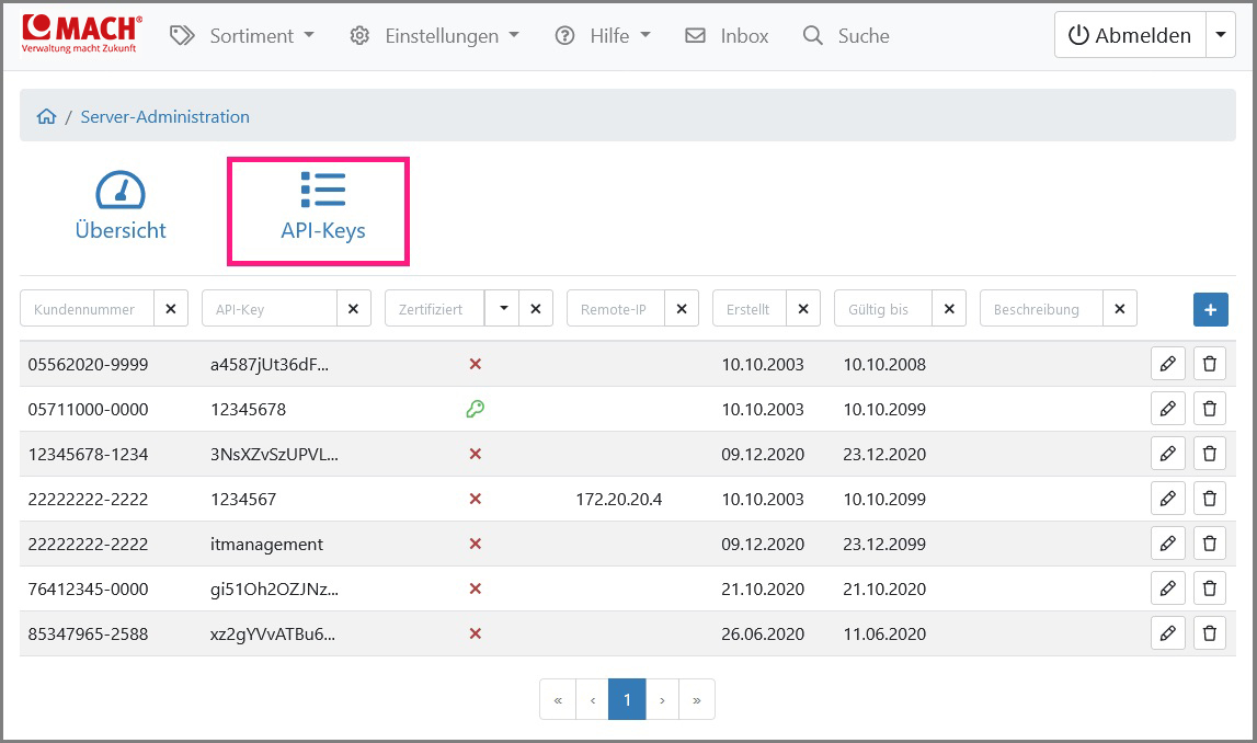 Ansicht der „API-Key-Übersicht“