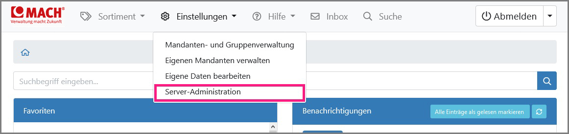 Ansicht des Hauptmenüpunkts „Server-Administration“