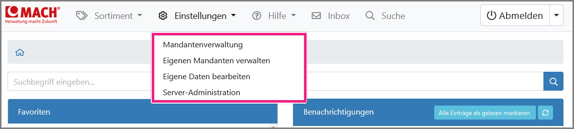 Ansicht des Hauptmenüpunkts „Einstellungen“ der zur Mandantenverwaltung/Benutzerverwaltung führt