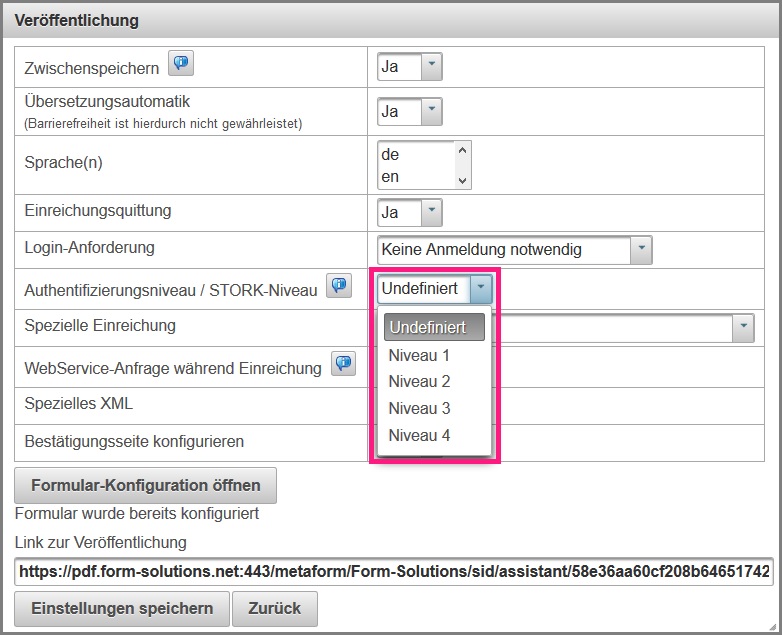 Ansicht der Konfiguration für das Authentifizierungsniveau