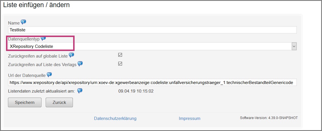 Neuer Datenquellentyp "XRepository Codeliste"