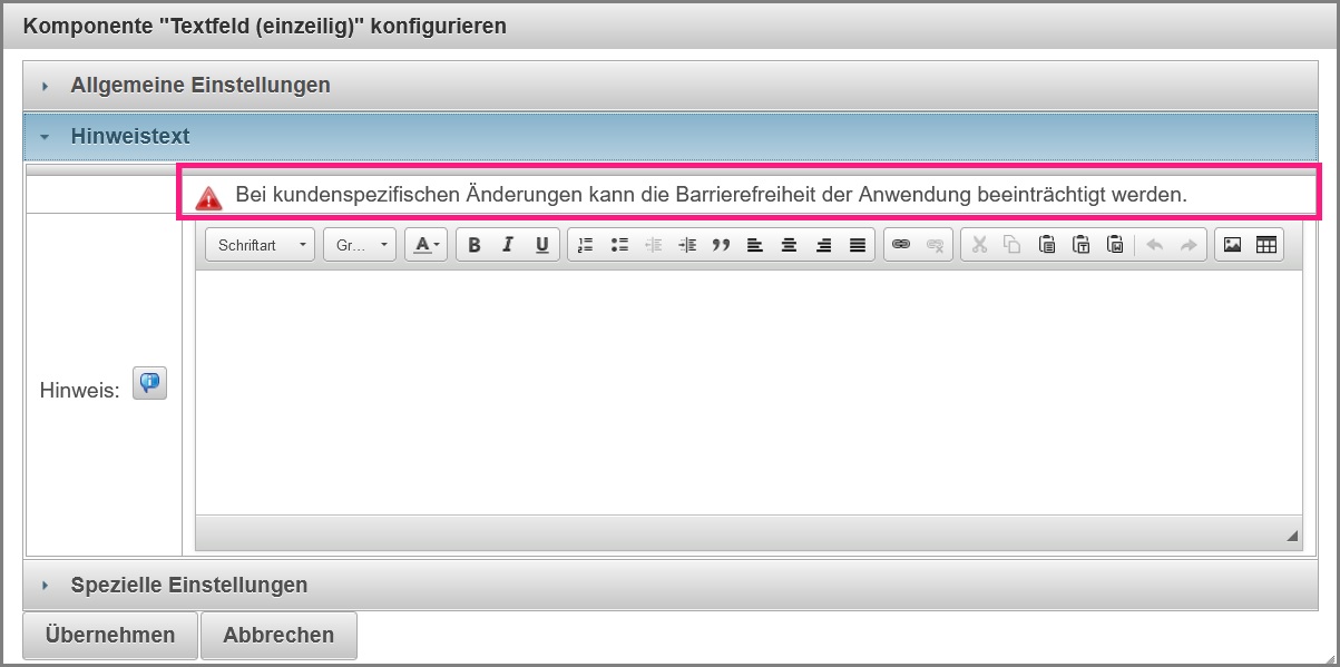 Hinweis in der Komponenten Konfiguration