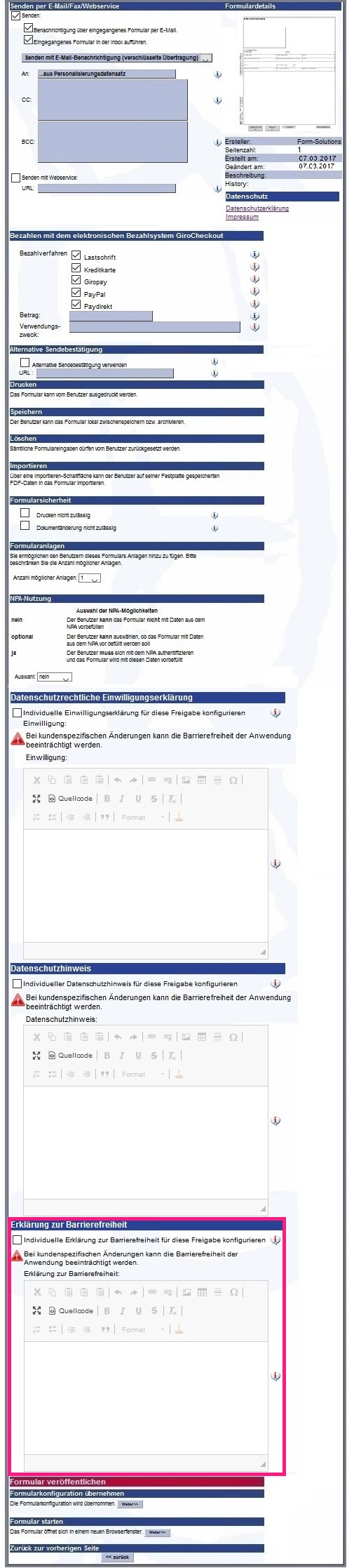 Ansich,t in der die Erklärung zur Barrierefreiheit in der Veröffentlichung hinterlegt werden kann