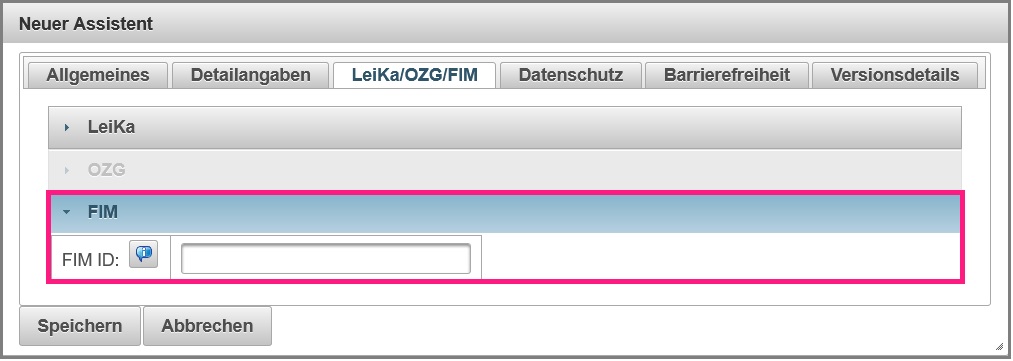 Ansicht FIM Eingabe in den Assistenteneigenschaften