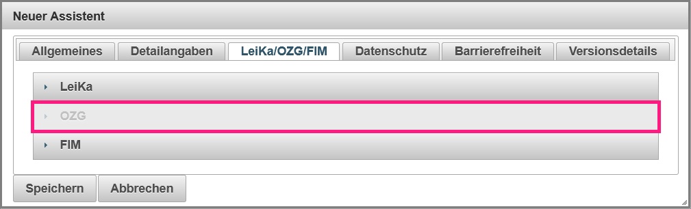 Asicht OZG Reiter in den Assistenteneigenschaften