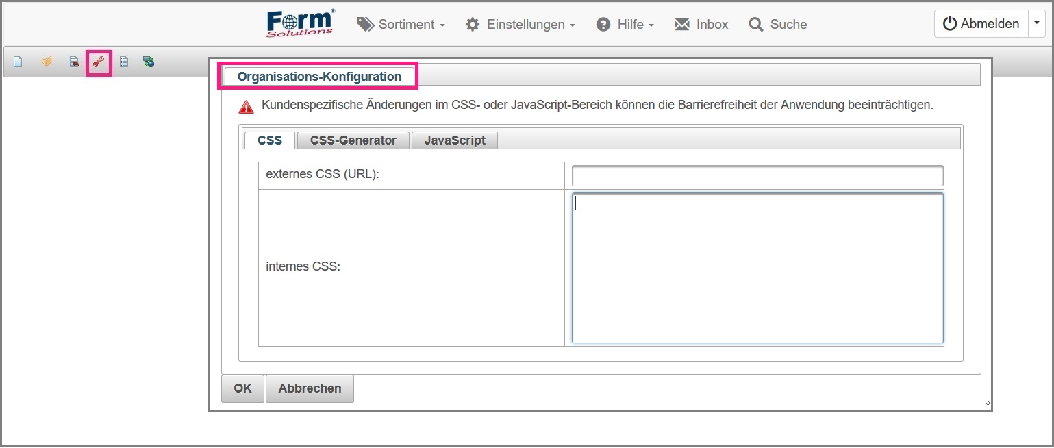 Ansicht der Eingabemaske um ein CSS zu hinterlegen