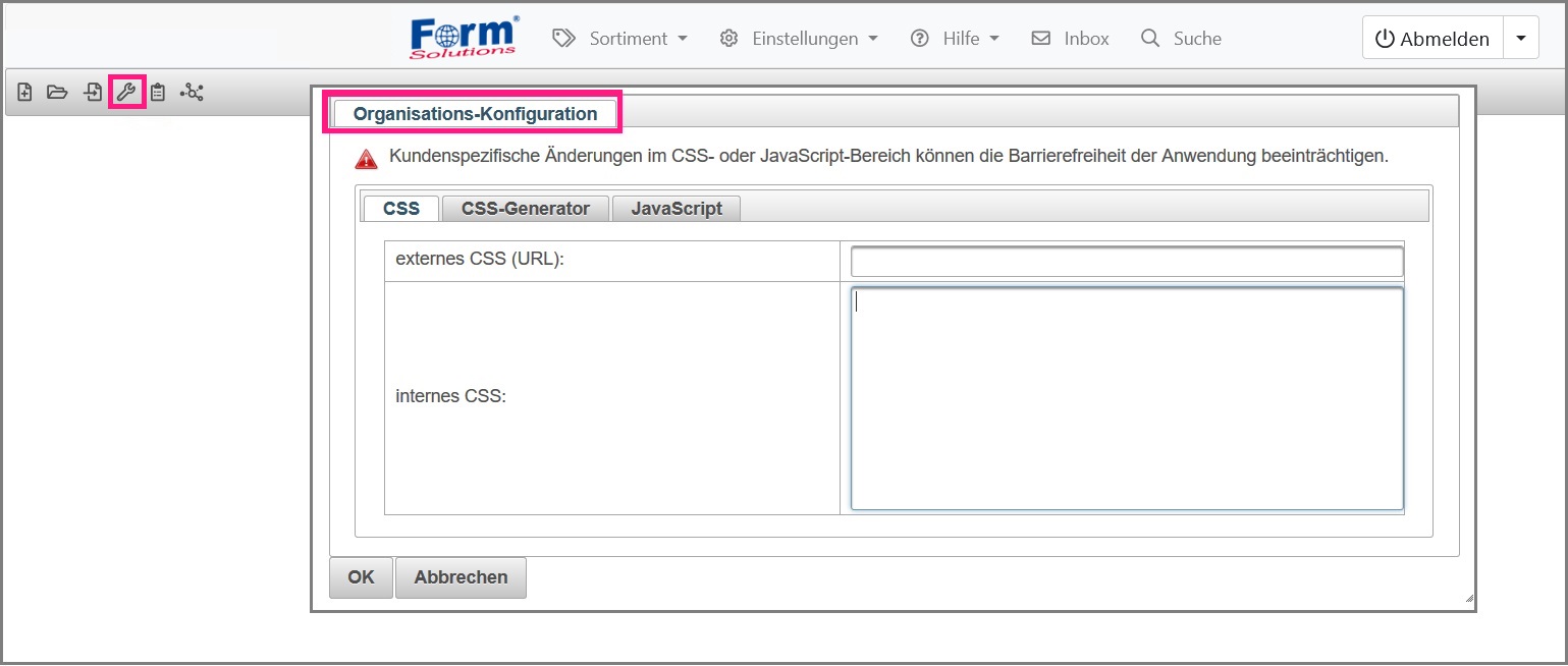 Ansicht der Eingabemaske um ein CSS zu hinterlegen