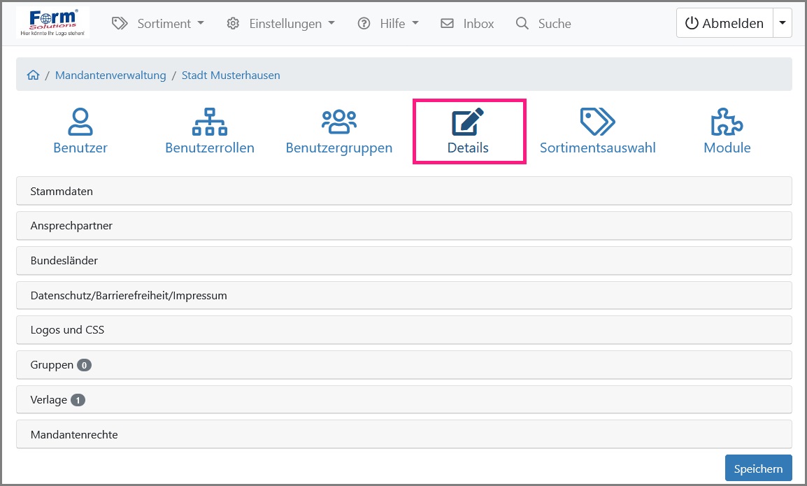 Ansicht der Mandantendetails