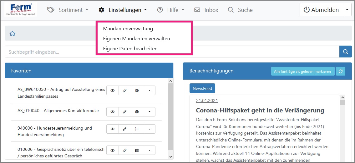 Ansicht des Hauptmenüpunkts „Einstellungen“