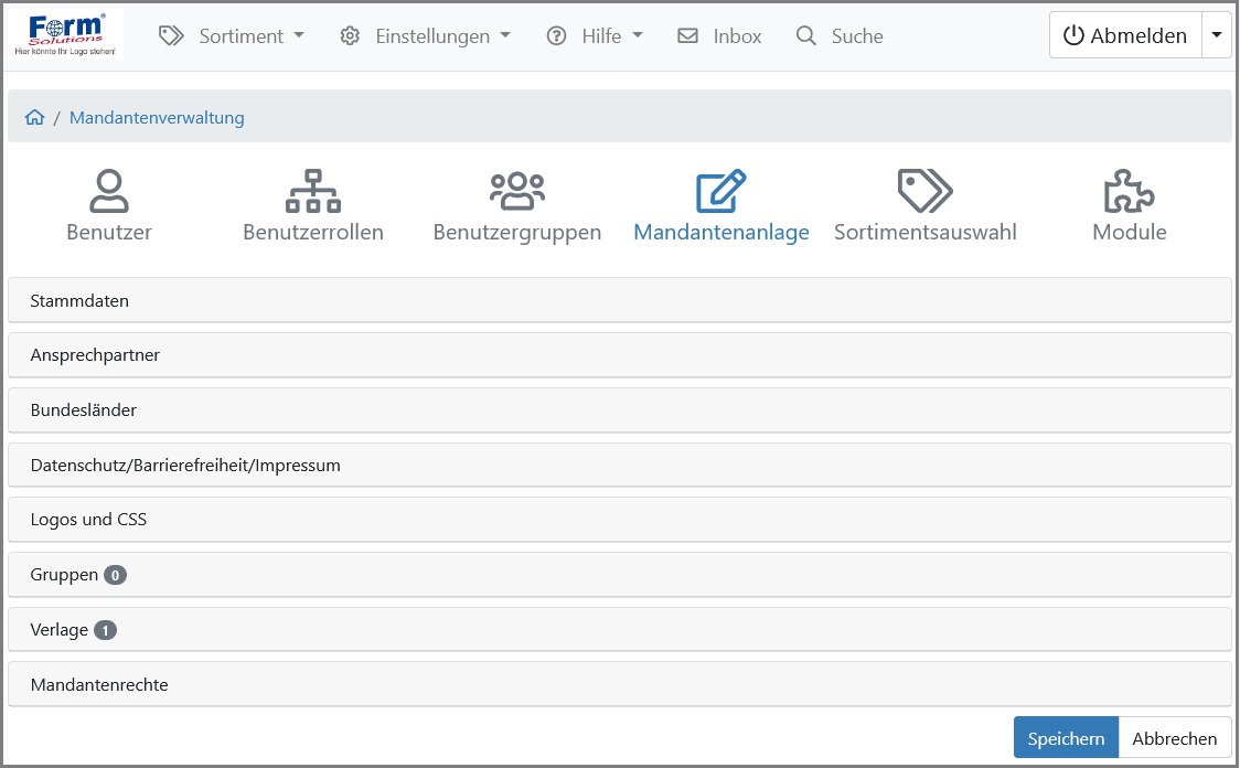 Eingabemaske Mandantenanlage