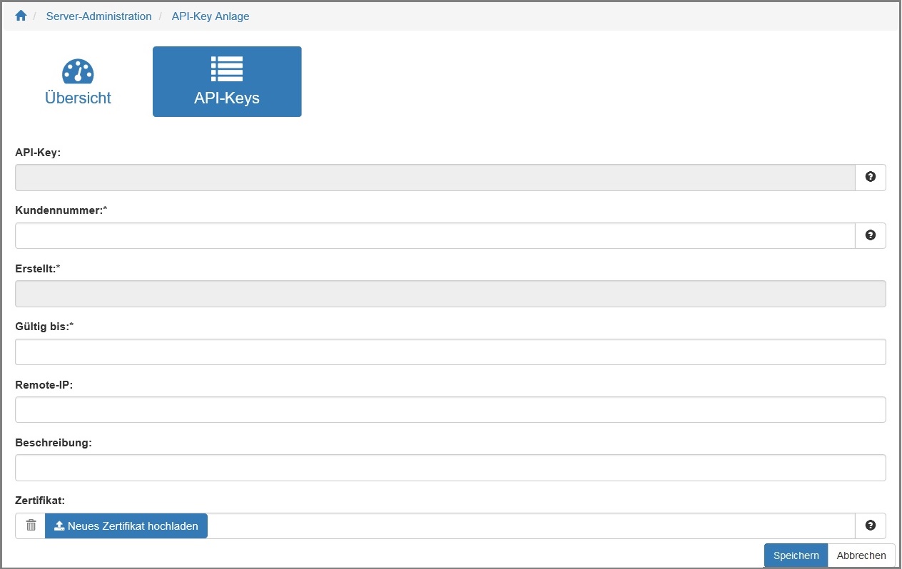 Ansicht der Eingabemaske "Neuer API-Key anlegen"