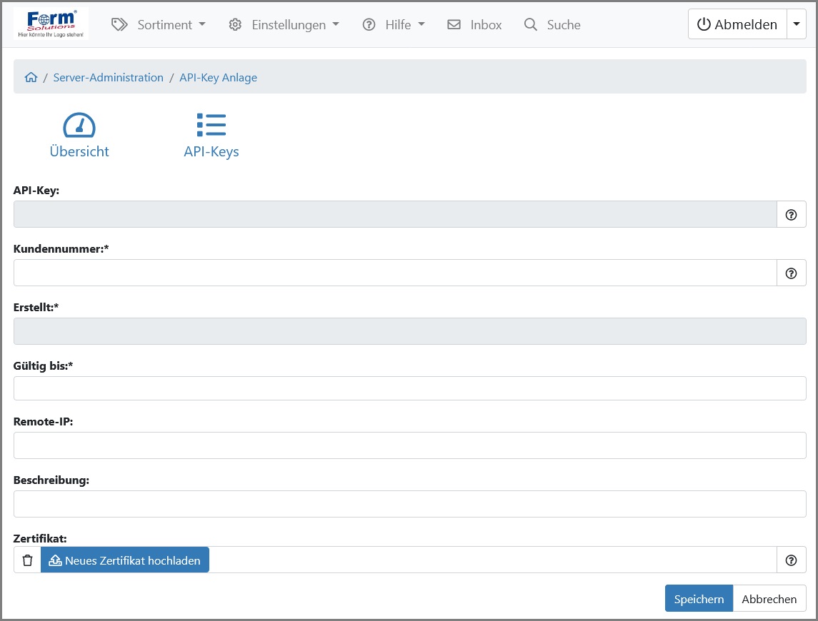 Ansicht der Eingabemaske "Neuer API-Key anlegen"