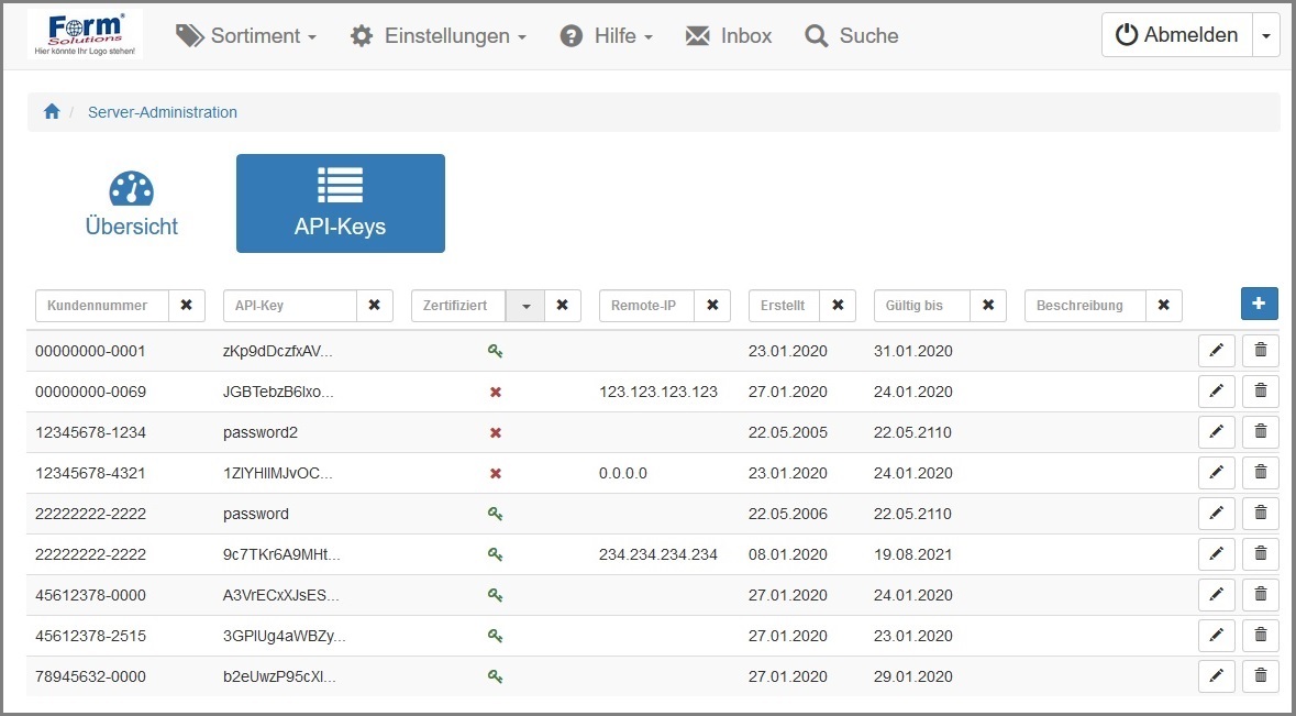 Ansicht der „API-Key-Übersicht“