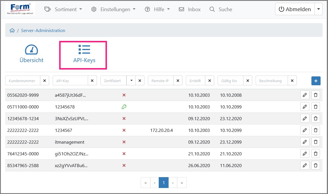 Ansicht der „API-Key-Übersicht“