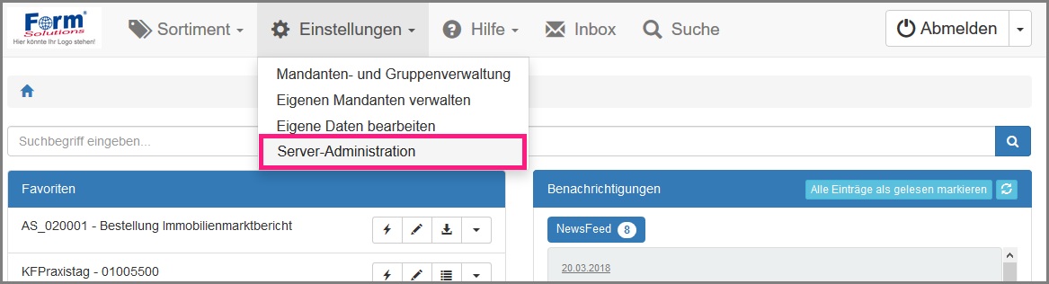 Ansicht des Hauptmenüpunkts „Server-Administration“