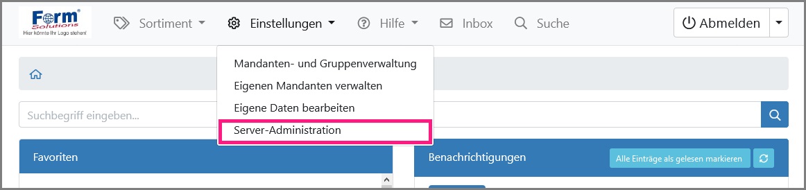 Ansicht des Hauptmenüpunkts „Server-Administration“