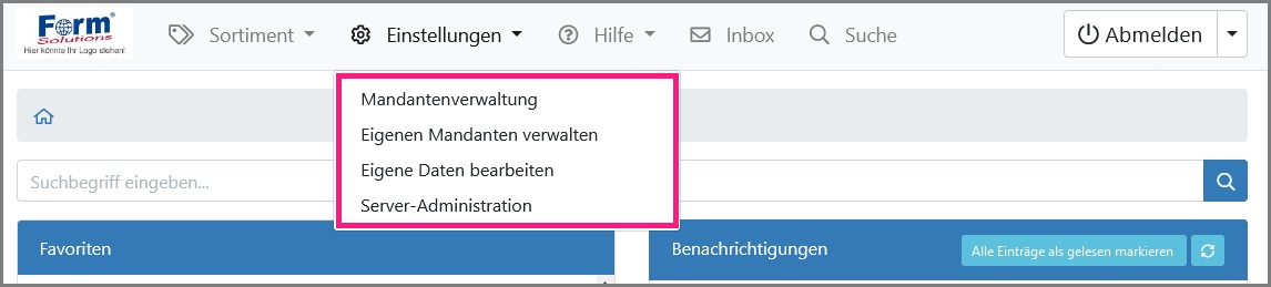 Ansicht des Hauptmenüpunkts „Einstellungen“ der zur Mandantenverwaltung/Benutzerverwaltung führt